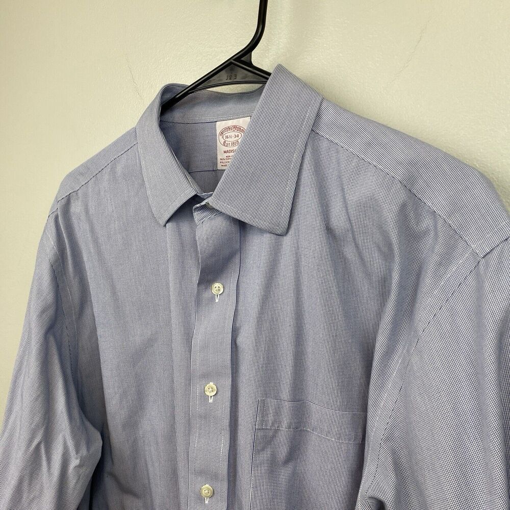 Brooks Brothers Dress Shirt Men's 16.5 Blue Long Sleeve Check Madison - Picture 2 of 9